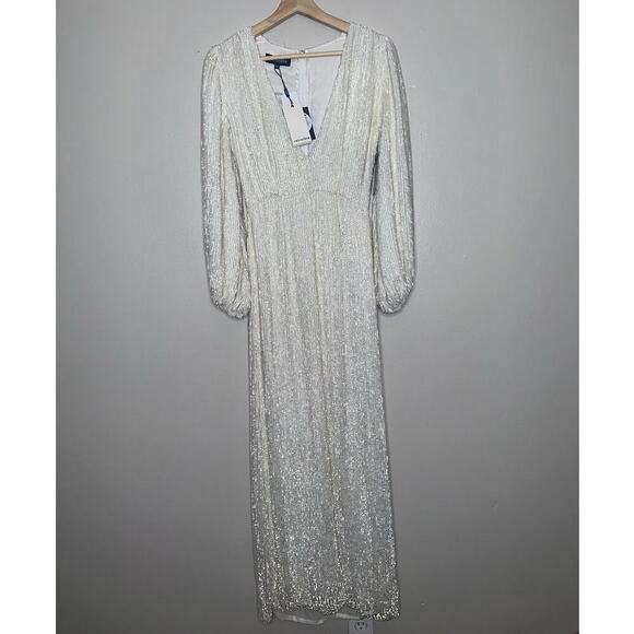Retrofête White Sequin Maxi Dress XS NWT Bridal Wedding Reception Gown Slit - Picture 2 of 10